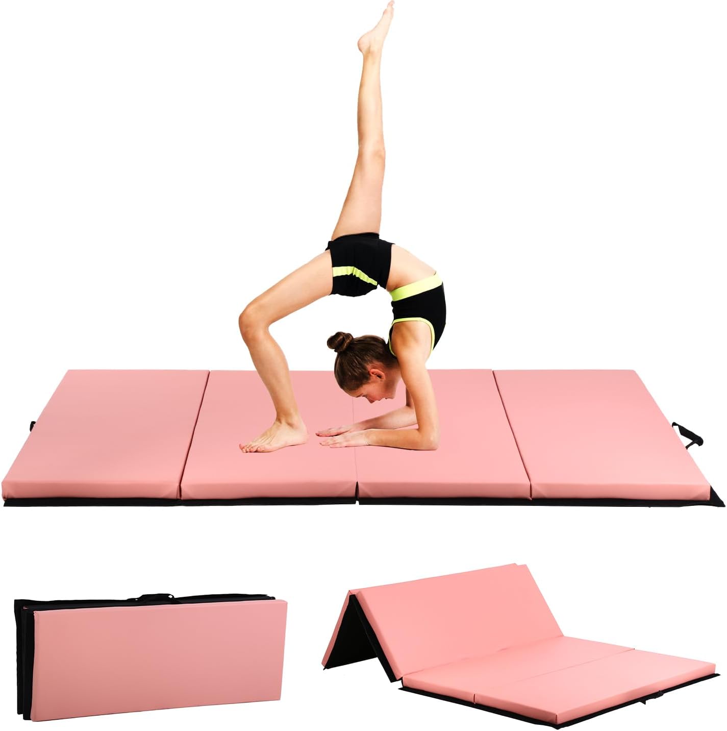 Gymnastics Mat for Tumbling, Folding Tumbling Mat Exercise Mat Gym Mat Tumbling Mats for Kids, Adults, PU Leather Yoga Mat with Carrying Handles