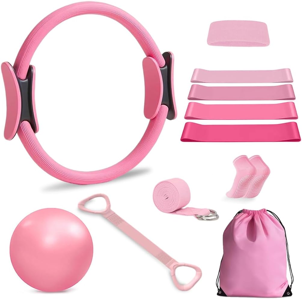 Yoga Starter Set,Home Pilates Essentials Kit Pilates Ring and Ball Set for Women Workouts,Pilates Equipment with 10inYoga Ball Figure 8 Resistance Band Pilates Bands Toning Fitness Starter Set