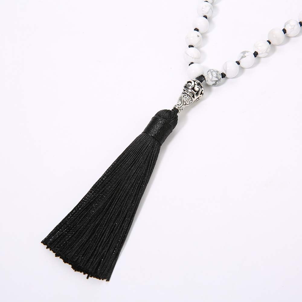 108 Mala Beads Necklace Semi-Precious Gem Stones Meditation Necklace 108 Hand Knotted Japa Mala Beaded Tassel Necklace with Tree of Life Pendant