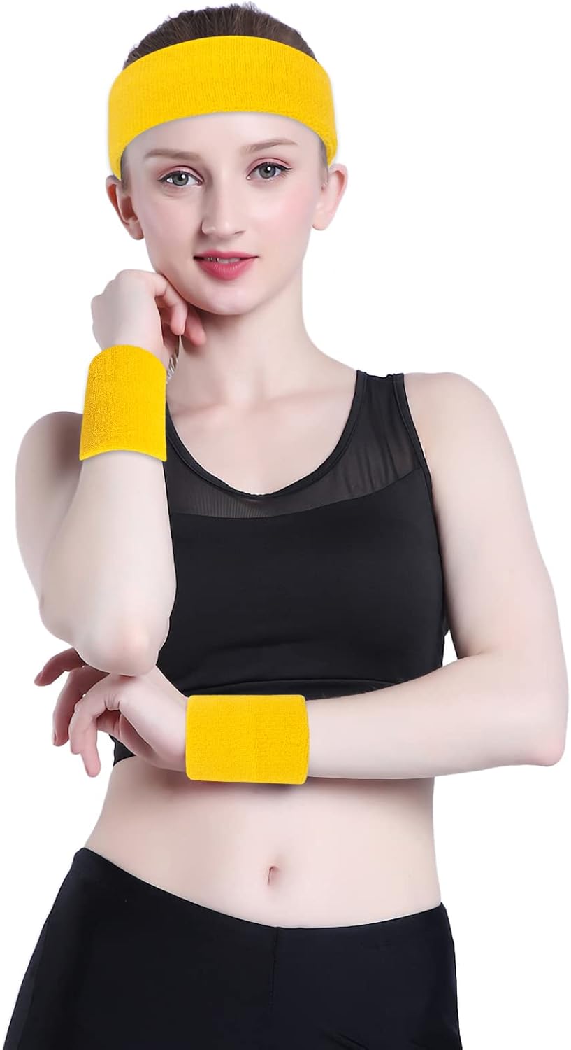ONUPGO Sweatband Set Sports Headband Wristband Set Sweatbands Terry Cloth Wristband Wrist Sweatband Headbands Moisture Wicking Sweat Absorbing Head Band