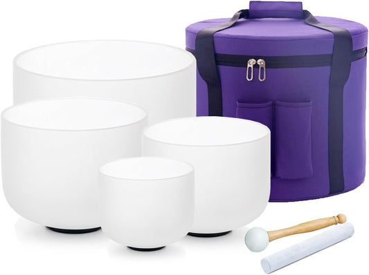 Hye-eun 432hz Crystal Singing Bowl Set 4pcs 6"B 8"G 10"E 12"C Frosted Quartz Sound Bowl with Free Carry Bag Mallets and Rubber for Sound Healing Bath Keep Balance Therapy Meditation Yoga