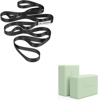 Trideer Yoga Block & Strap Bundle, Foam Yoga Block with 10-Loop Stretching Strap for Flexibility, Balance, Support & Recovery