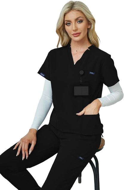 Women's V-Neck Scrubs Set With Cap, Stretchy Top and Jogger Pants, 11 Pockets Nursing Uniform