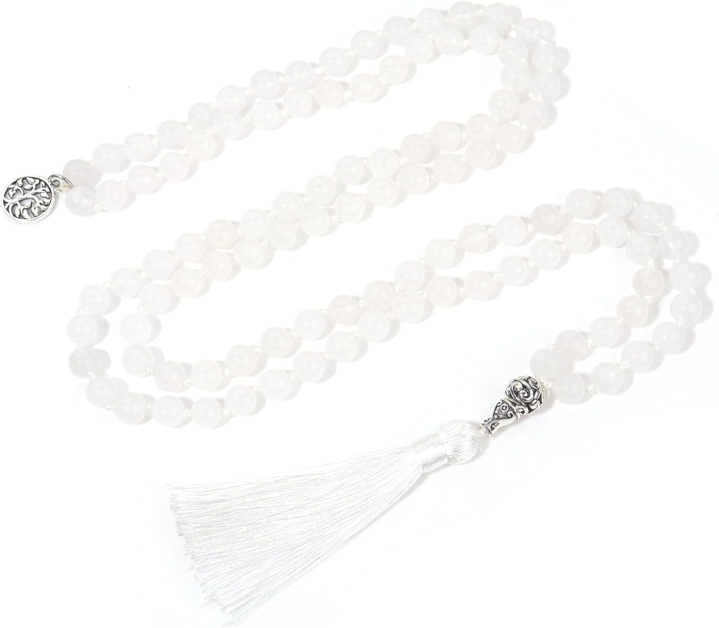 108 Mala Beads Necklace Semi-Precious Gem Stones Meditation Necklace 108 Hand Knotted Japa Mala Beaded Tassel Necklace with Tree of Life Pendant