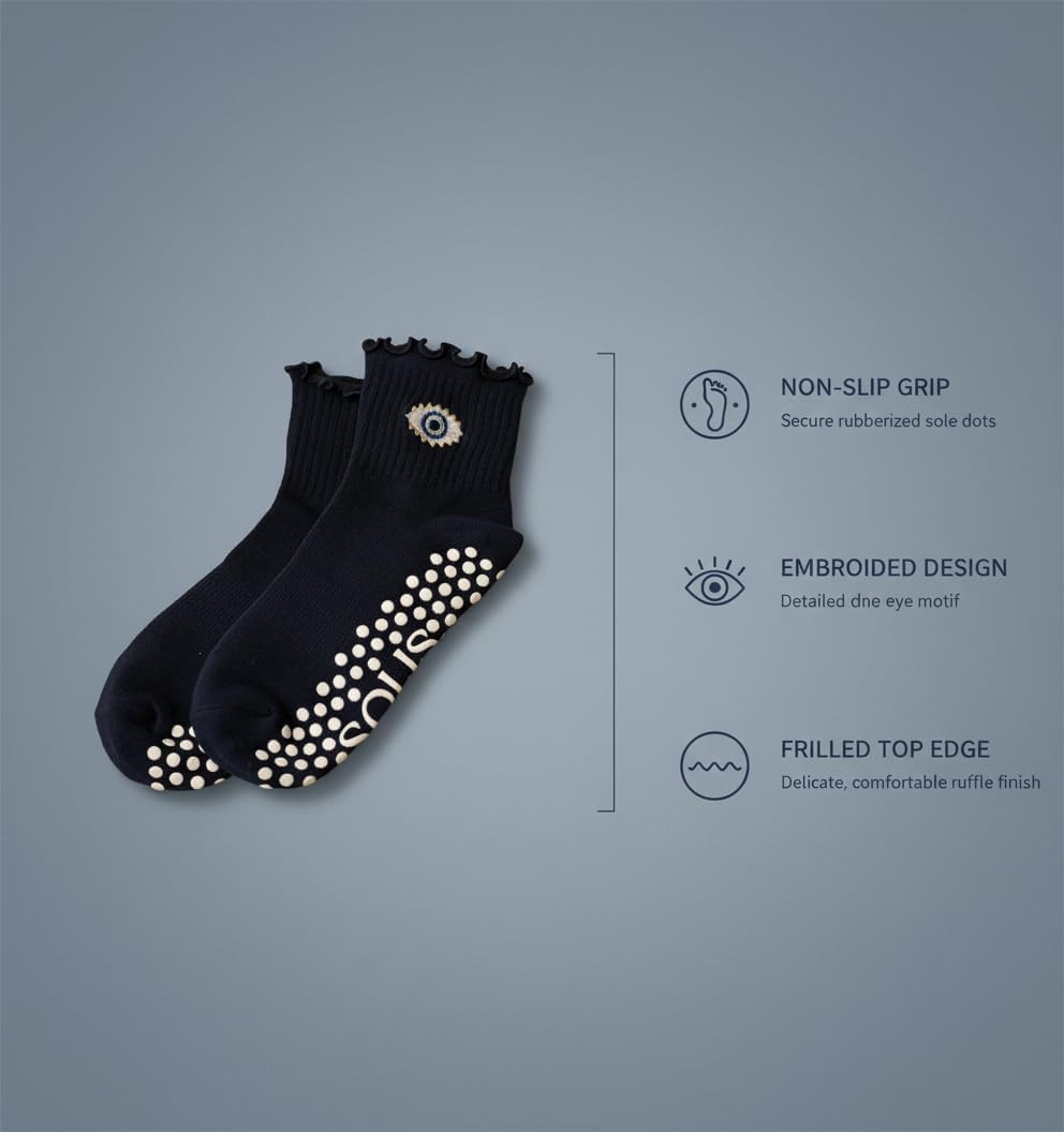 Non-Slip Pilates Socks with Grips for Women | Cute Grip Socks Yoga Ballet | Anti Skid Athletic Socks | Set of 1 | Dark Evil Eye | Ruffle Fit
