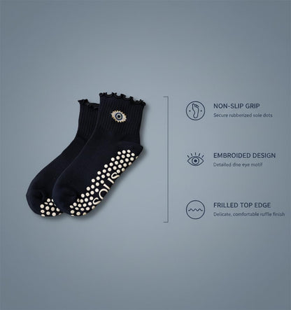 Non-Slip Pilates Socks with Grips for Women | Cute Grip Socks Yoga Ballet | Anti Skid Athletic Socks | Set of 1 | Dark Evil Eye | Ruffle Fit