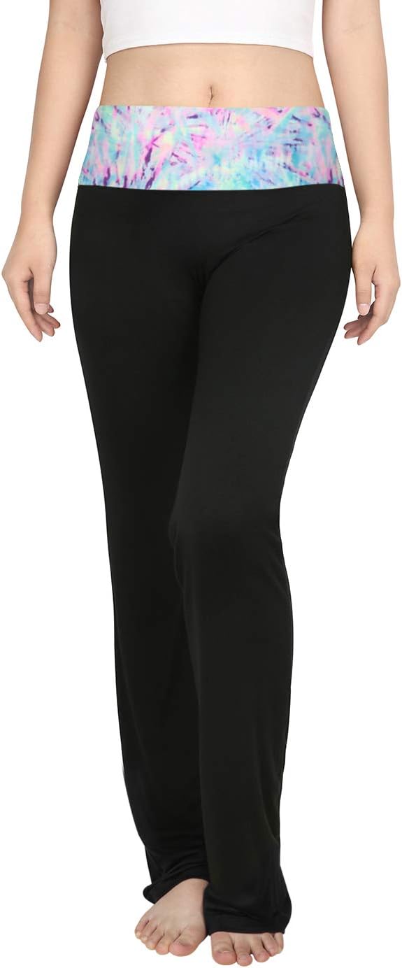 HDE Women's Color Block Fold Over Waist Yoga Pants Flare Leg Workout Leggings