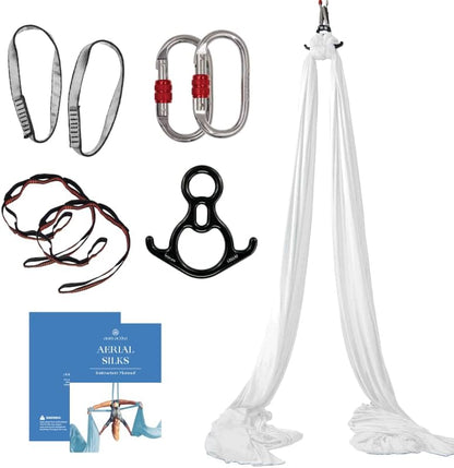 Aerial Silks Starter Kit - Durable 9 Yards of Aerial Yoga Hammock with Hardware & Guide - Aerial Swing for Acrobatic Flying Yoga & All Levels (Aerial Rigging Point Up to 13ft)