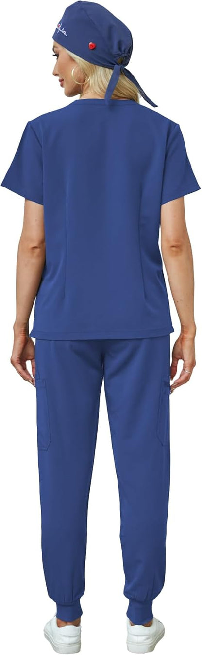 Women's V-Neck Scrubs Set With Cap, Stretchy Top and Jogger Pants, 11 Pockets Nursing Uniform
