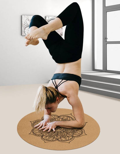 Round Yoga Mat with Printed Mandala Design, 60 in Diameter, wood material