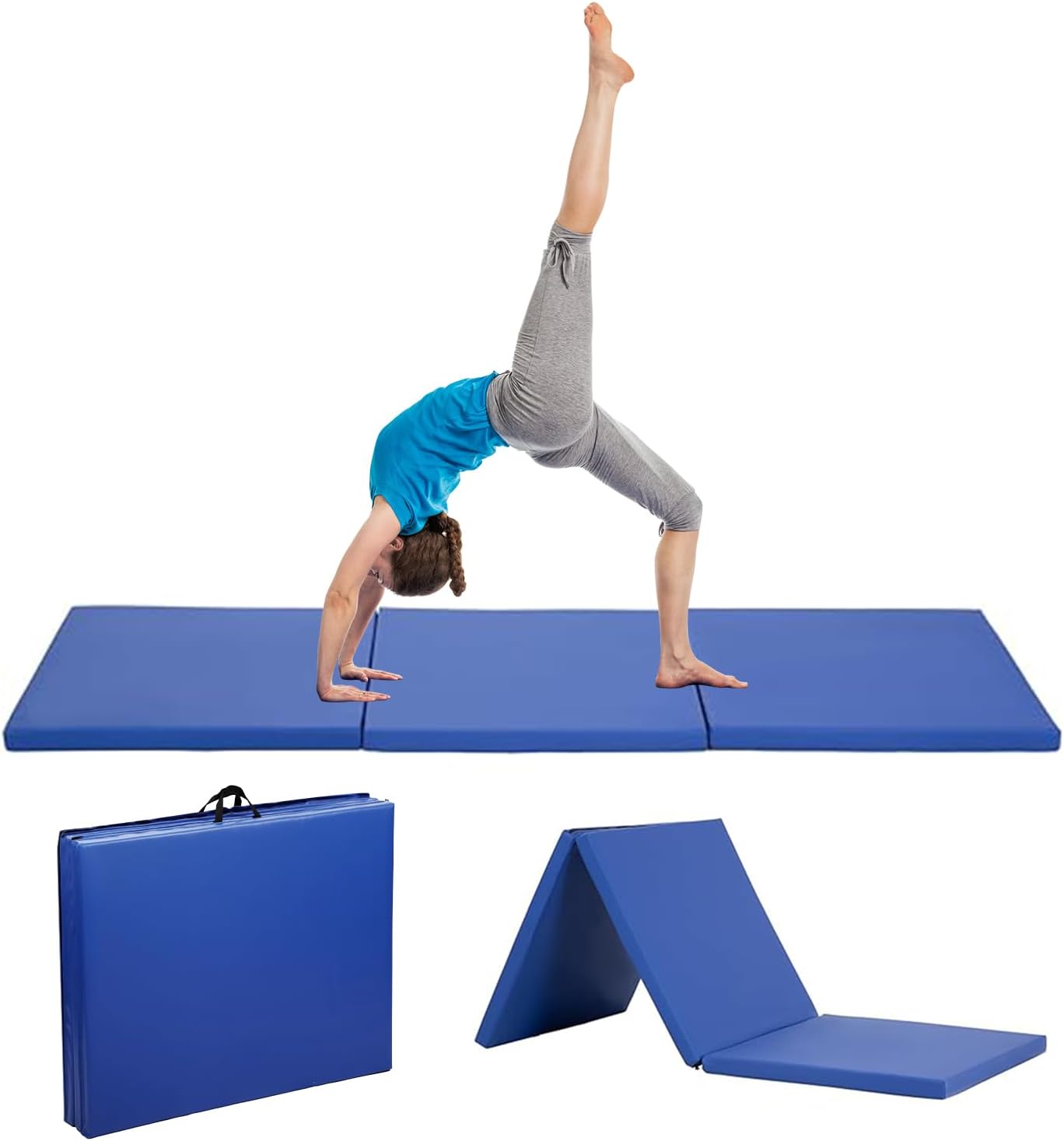 Gymnastics Mat for Tumbling, Folding Tumbling Mat Exercise Mat Gym Mat Tumbling Mats for Kids, Adults, PU Leather Yoga Mat with Carrying Handles
