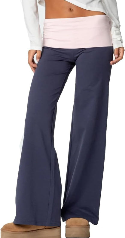 Women Y2k Fold Over Yoga Pants Colour Block Straight Leg Bottoms Low Rise Stretchy Lounge Trousers