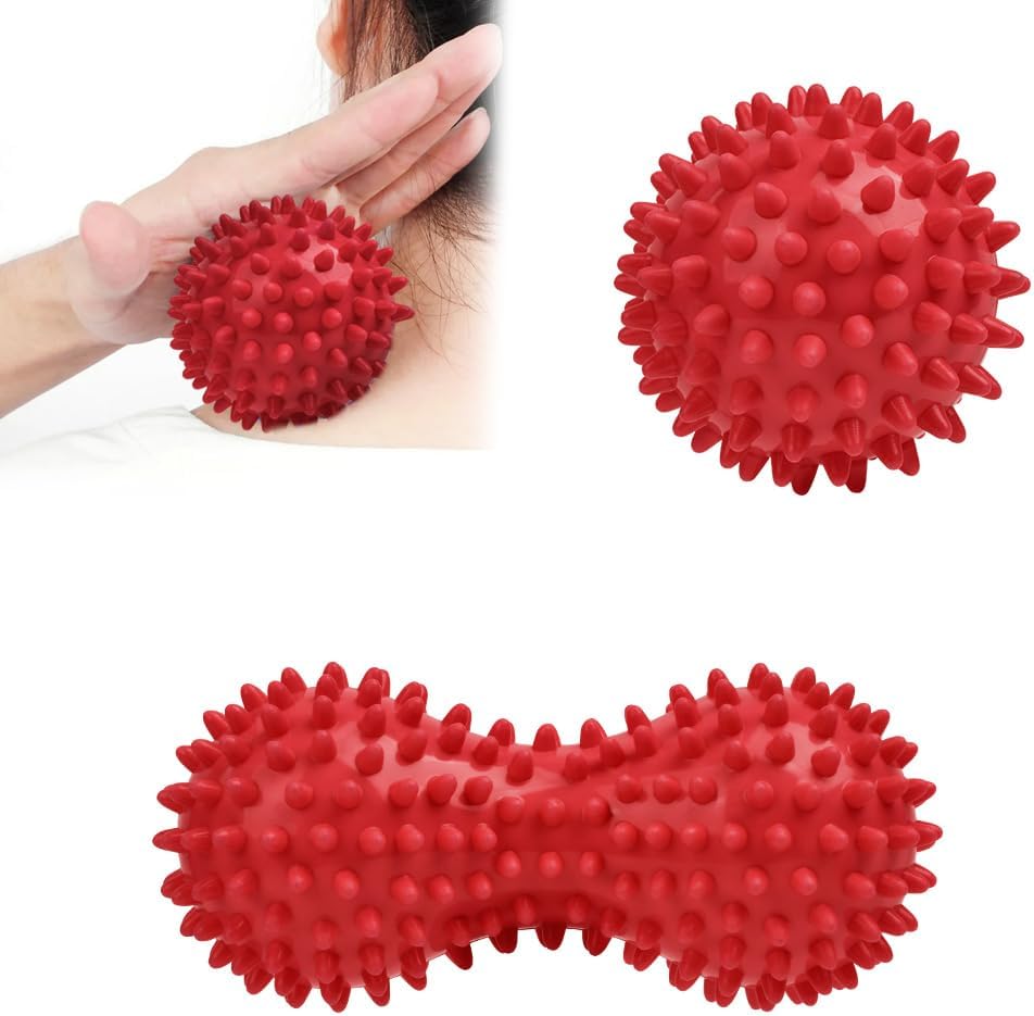 URAQT Spiky Massage Ball Set, 2 Pack Physical Therapy Massage Balls, Hard Lacrosse Ball & Spiky Massage Ball for Myofascial Release and Trigger Point Deep Tissue Massage (Red)