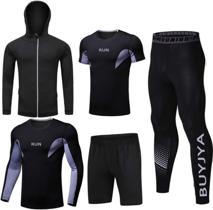 BUYJYA 5Pcs Men's Compression Pants Shirt Top Long Sleeve Jacket Athletic Sets Gym Clothing Mens Workout