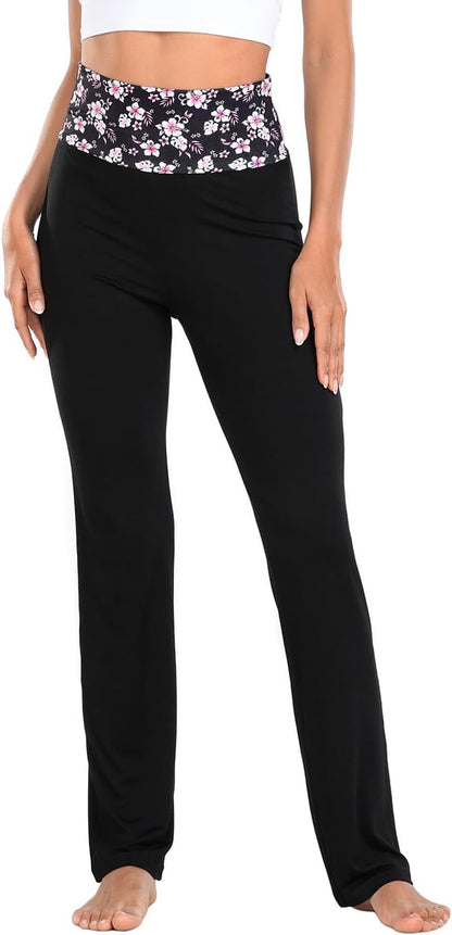 HDE Women's Color Block Fold Over Waist Yoga Pants Flare Leg Workout Leggings