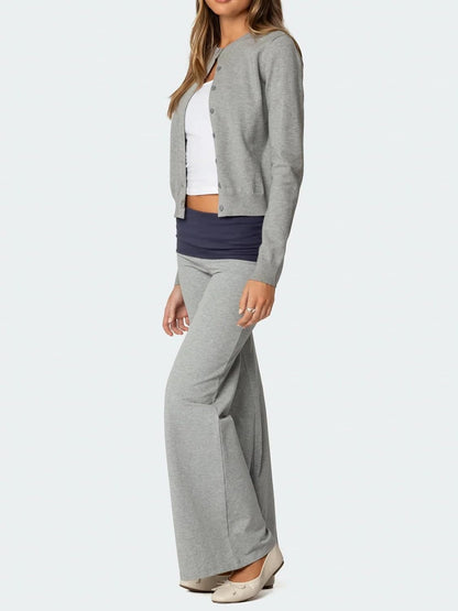 Women Y2k Fold Over Yoga Pants Colour Block Straight Leg Bottoms Low Rise Stretchy Lounge Trousers