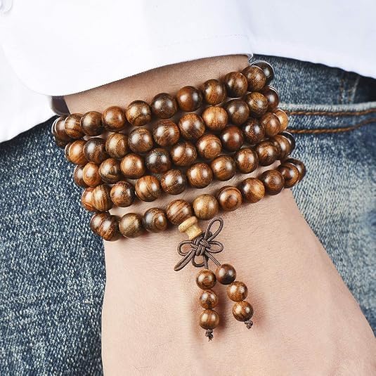 Handmade Mala Beads Bracelet 108 8mm Prayer Meditation Bracelet Sandalwood Elastic, Buddhist Beads, Prayer Mala Necklace for Men and Women Gifts
