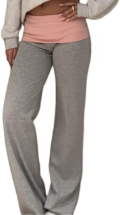 Women Y2k Fold Over Yoga Pants Colour Block Straight Leg Bottoms Low Rise Stretchy Lounge Trousers