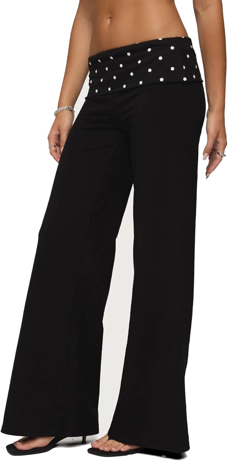 Women Y2k Fold Over Yoga Pants Colour Block Straight Leg Bottoms Low Rise Stretchy Lounge Trousers