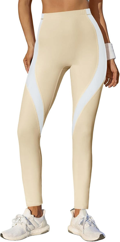 Fisoew Womens High Waisted Leggings Color Block Yoga Pants Workout Running Stretchy No See Through Leggings
