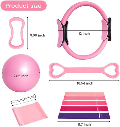 Home Pilates Essentials Kit for Women, with 5 Resistance Bands - Magic Circle Pilates Kit for Home Toning, Includes Yoga Ball, Stretch Strap & Gym Bag (13-Piece Complete Starter Set)