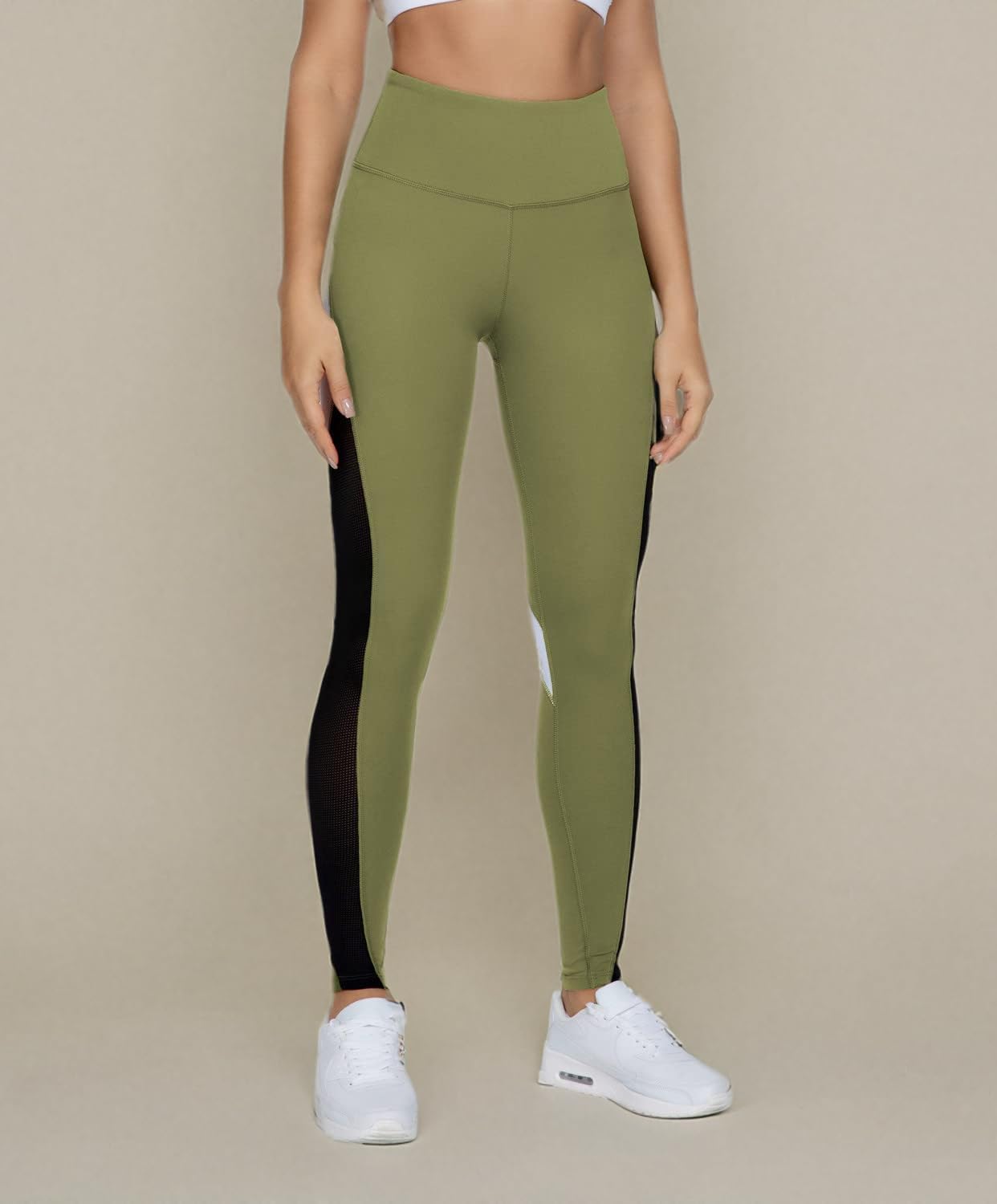 QUEENIEKE Women Yoga Pants Color Blocking Mesh Workout Running Leggings Tights