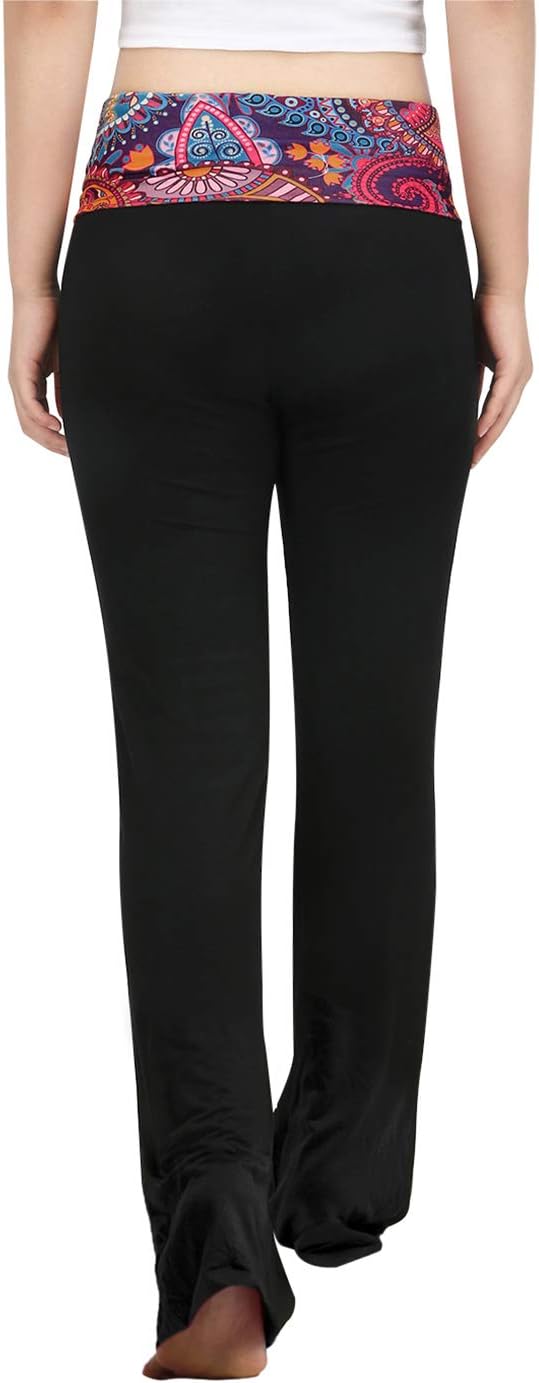HDE Women's Color Block Fold Over Waist Yoga Pants Flare Leg Workout Leggings