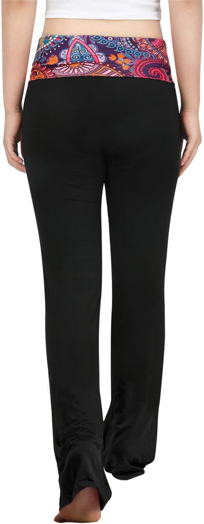 HDE Women's Color Block Fold Over Waist Yoga Pants Flare Leg Workout Leggings