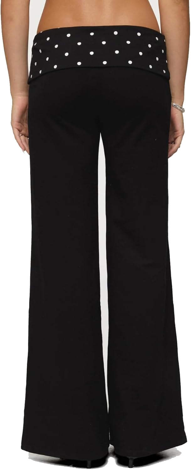 Women Y2k Fold Over Yoga Pants Colour Block Straight Leg Bottoms Low Rise Stretchy Lounge Trousers