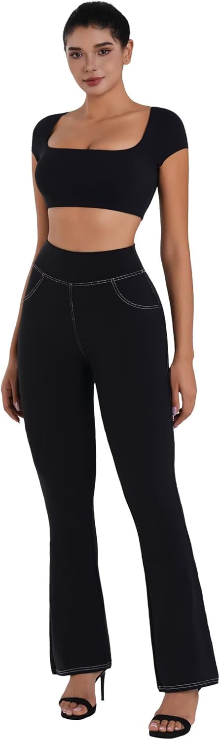 Sunzel Sustainable Flare Leggings for Women, Mini Bell Bottom Flared Yoga Pants with Denim Look, High Waisted Tummy Control