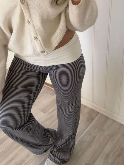 Women Y2k Fold Over Yoga Pants Colour Block Straight Leg Bottoms Low Rise Stretchy Lounge Trousers