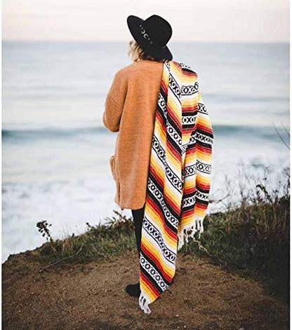 Open Road Goods Heavyweight Mexican Falsa Yoga Blanket, Extra Thick with Stripes - Great Beach, Picnic, or Throw - Handmade Sunfire Red, Orange, and Black Colors