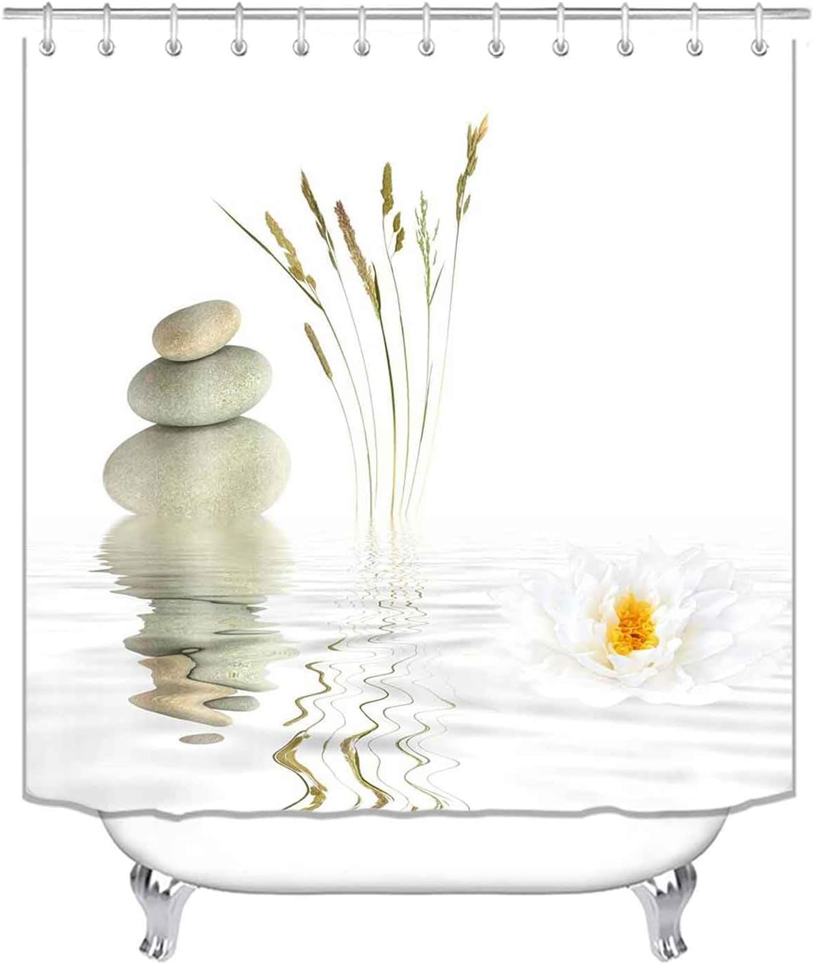 4PCS Spa Zen Shower Curtain Sets with Rugs, White Shower Curtain, Pink Floral Orchid Lotus Water Lily Stone Bamboo Water Reflection Yoga Massage Relaxing Spiritual Meditation Bathroom Decor