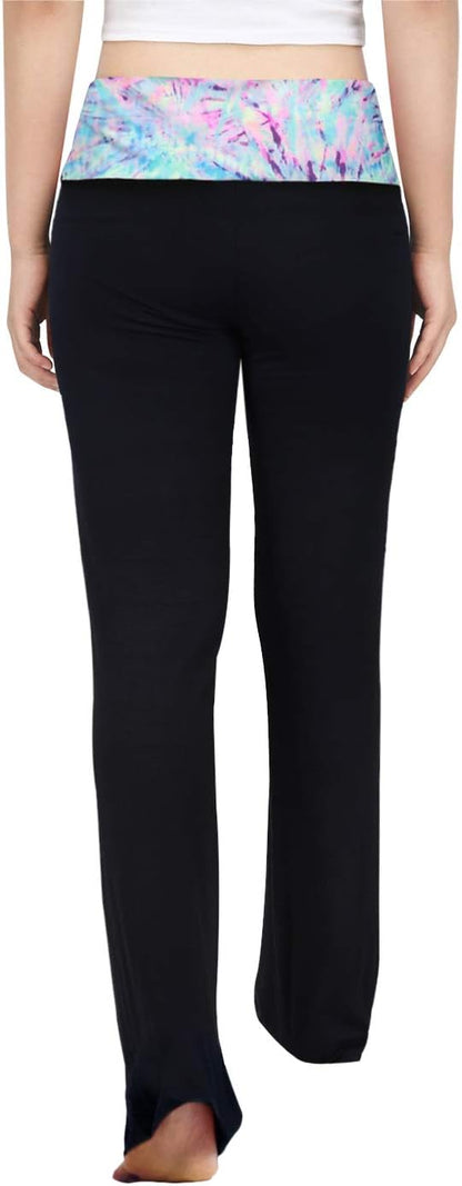 HDE Women's Color Block Fold Over Waist Yoga Pants Flare Leg Workout Leggings