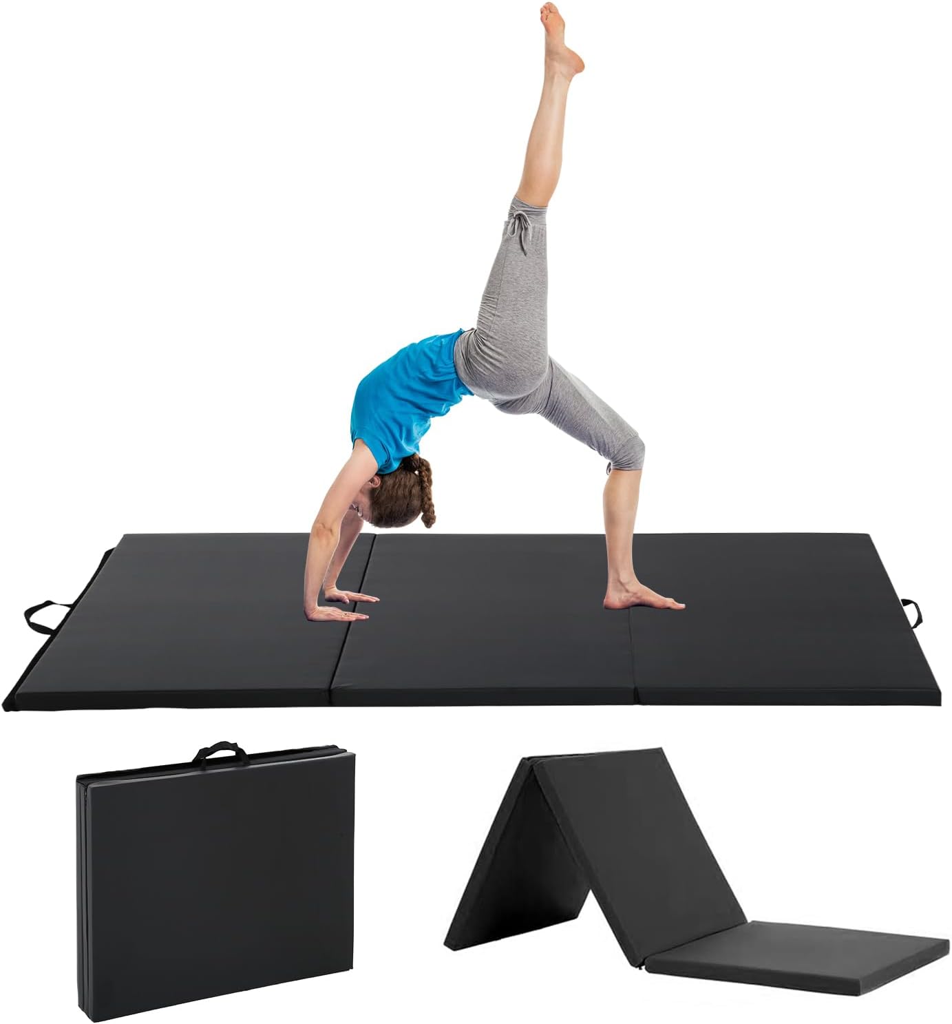 Gymnastics Mat for Tumbling, Folding Tumbling Mat Exercise Mat Gym Mat Tumbling Mats for Kids, Adults, PU Leather Yoga Mat with Carrying Handles