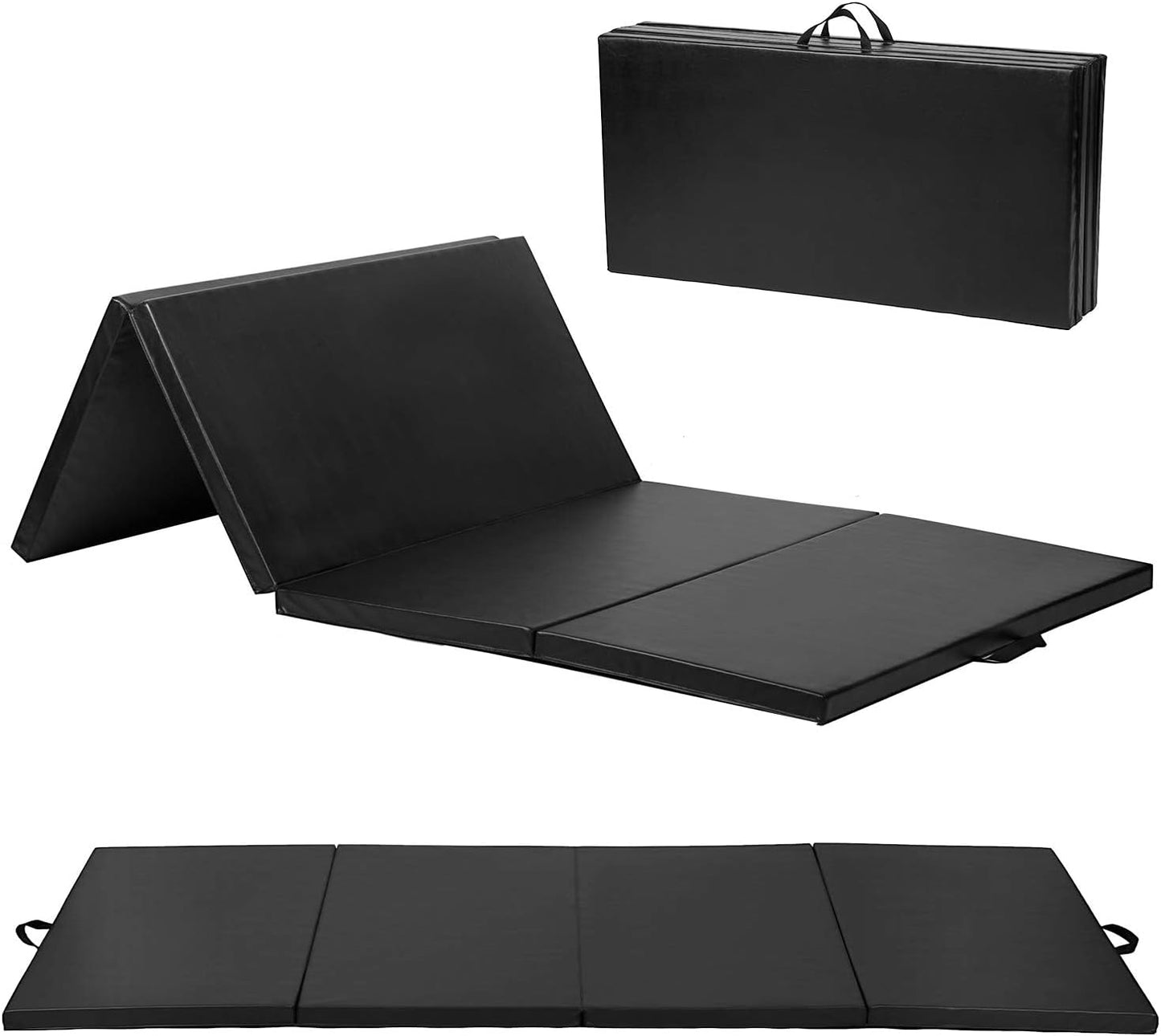 Exercise Mat 2'x6'/4'x8'/4'x10' Gymnastics Mat Folding Gymnastics Tumbling Mats 1.6"-2" Thick PU Leather Yoga Mat Portable With Carrying Handles for home Workout outdoor Yoga Pilates