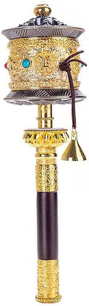 Copper Large Hand Held Prayer Wheel with Tibetan Buddhist Six-Character Truth Premium Buddha Scriptures, Wooden Handle Prayer Wheel for Praying, Blessing, Meditation, Healing, Relaxing, Yoga