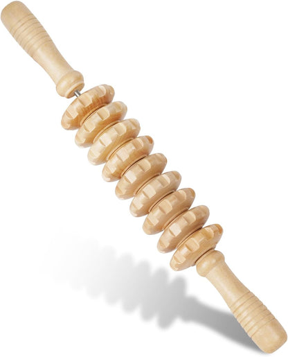 Liitrton Manual Wooden Fascia Massage Roller Trigger Points for Release Cellulite Sore Muscle Blasting (Straight-9-Wheel)