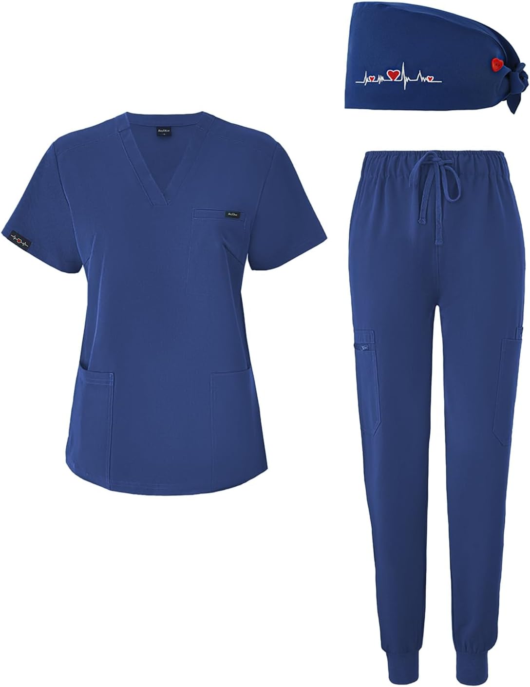 Women's V-Neck Scrubs Set With Cap, Stretchy Top and Jogger Pants, 11 Pockets Nursing Uniform
