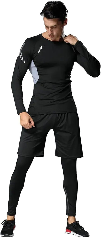 3 PCS Men's Compression Set - Workout Long Sleeve Top & Pants with running Shorts | Moisture-Wicking Gym Bundle