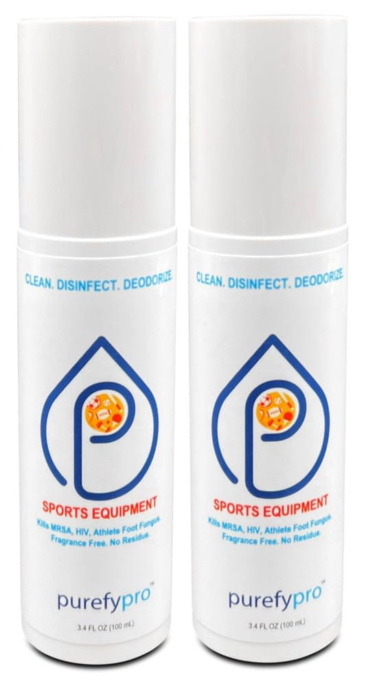 Purefypro Sports Equipment Disinfectant Spray - (4oz, 2pk) Kills 99.9999% MRSA, HIV, Athlete Foot Fungus, Virus and Fungi. No Rinse, No Residue. Sports Pads, Yoga Mats, Shoes, Boxing Gloves Euipment