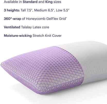 Purple Harmony Pillow – Talalay Latex Foam Cooling Pillow for Combo or Side Sleepers, 360º Hex GelFlex Grid for No-Pressure Support and Luxurious Weightless Feel - Standard, Medium Feel, Low Height