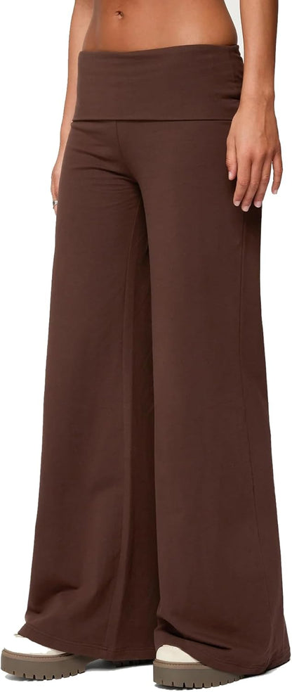 Women Y2k Fold Over Yoga Pants Colour Block Straight Leg Bottoms Low Rise Stretchy Lounge Trousers
