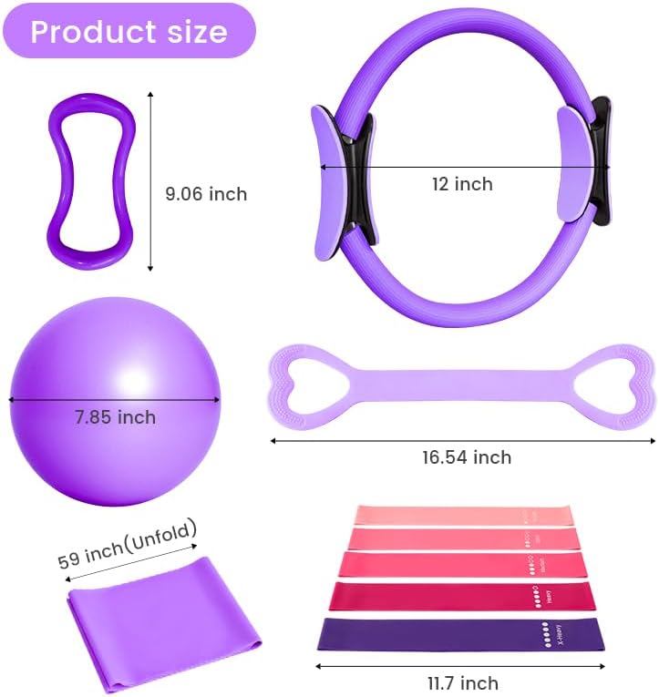 Home Pilates Essentials Kit for Women, with 5 Resistance Bands - Magic Circle Pilates Kit for Home Toning, Includes Yoga Ball, Stretch Strap & Gym Bag (13-Piece Complete Starter Set)