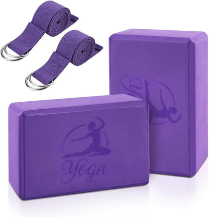 2 Yoga Block and 2 Yoga Strap Set,Non-slip EVA Foam Blocks, High Density Yoga Bricks with 6ft Strap, Supportive Latex-Free Yoga Block Accessories for Pilates