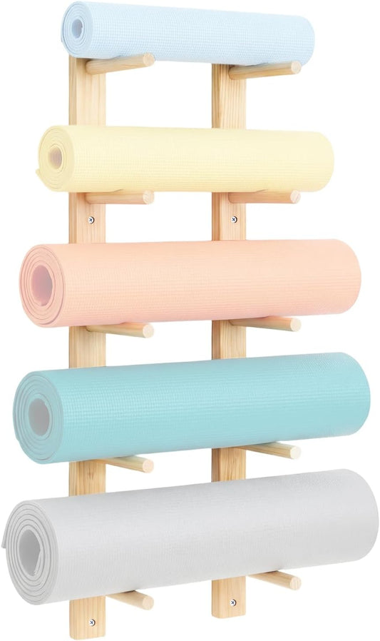 Cinnvoice 1 Pair Yoga Mat Holder Wall Mount Wooden Yoga Mat Storage Racks for Foam Roller & Fitness Accessories 5 Layer 35.4 x 7 x 2 Inches, Accommodating 5 Mats Home Gym Organize