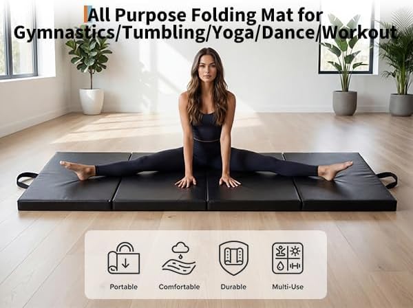 Gymnastics Mat, 6x2/3Ft 2 inches Thick 4-Fold Portable Home Gym Floor Pad for Yoga, Pilates, Aerobics & Martial Arts Training