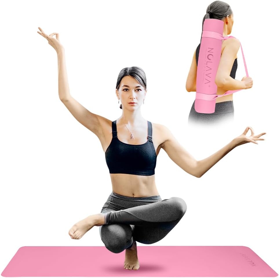 Nolava Yoga Mat with Bag – 72 x 24 inch, 1/4 inch Thick Non-Slip Mat – Includes Slap Band, Black Zippered Carry Tote with Mat Sleeve & Inner Pocket – For Yoga, Pilates, Home or Studio.
