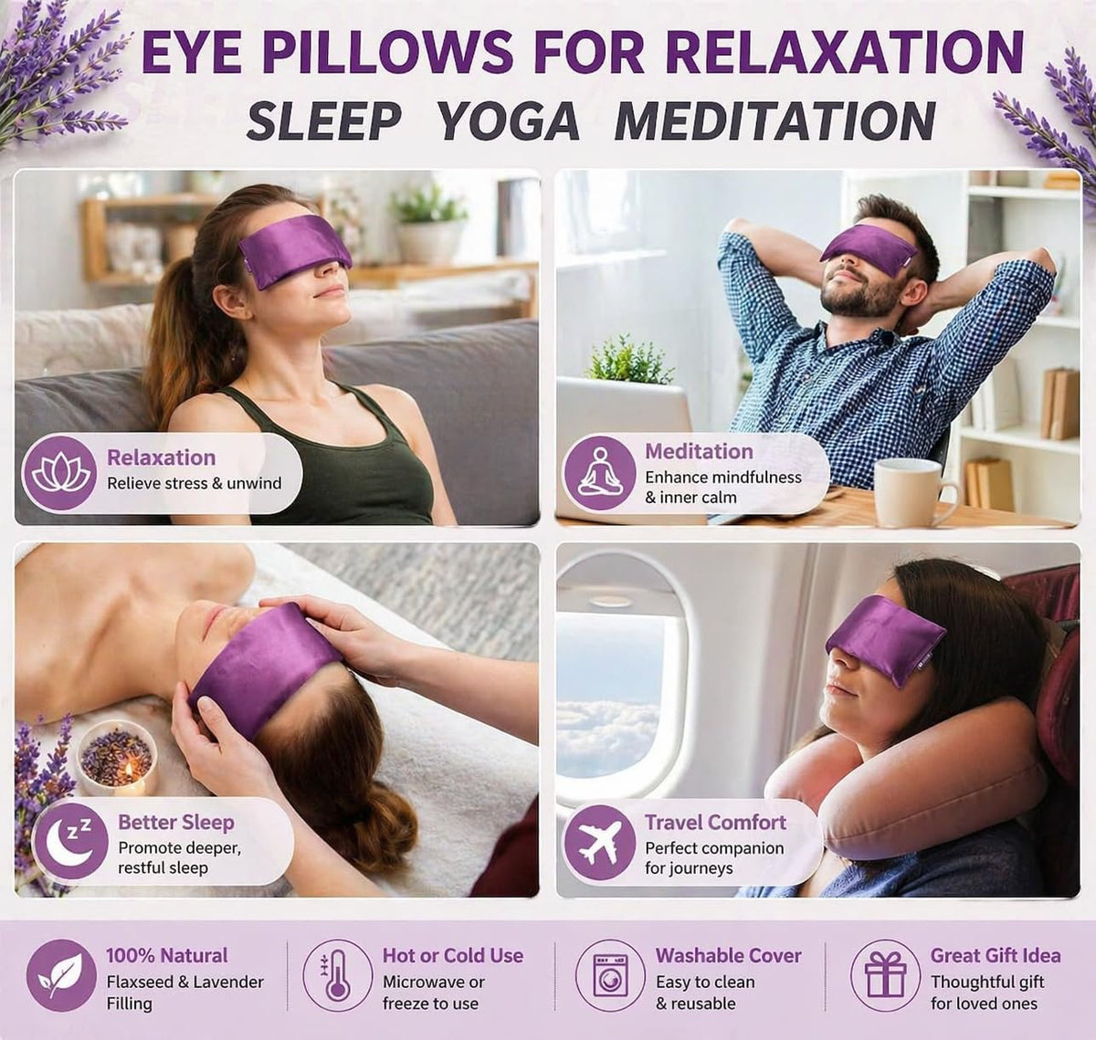 Lavender Eye Pillow for Relaxation, Yoga, Sleeping, Weighted Eye Mask Heated for Headache, Sinus, Dry Eye Relief, Moist Heat Eyes Compress, Meditation Accessories with Aromatherapy, Pack of 4