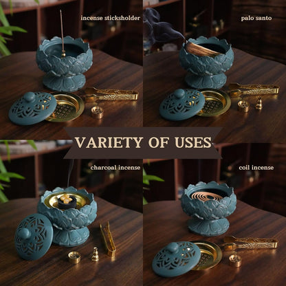 Ceramic Incense Burner for Frankincense, Bakhoor, Charcoal, Stick, Powder, Cone, Coil, and Tower Incense - Accessories for Meditation and Aromatherapy with Tweezers